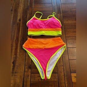Pool high wasted Vibrant Pink and Orange Athletic Bikini